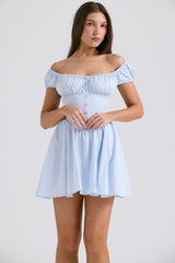 Nala Soft Blue Cotton Gathered Mini Dress