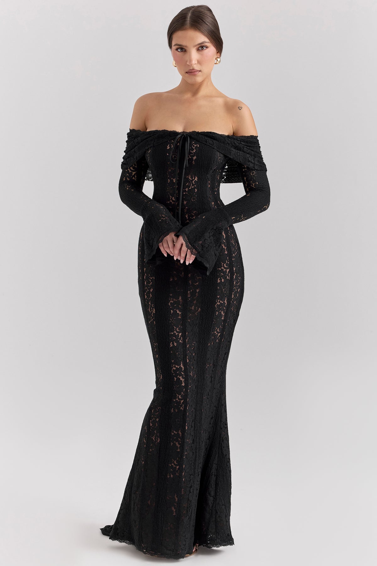 Belle Black Off Shoulder Floral Lace Maxi Dress