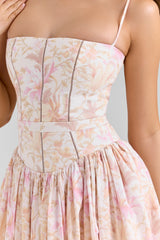 Ysabella Peach Floral Print Stretch Cotton Midi Sundress