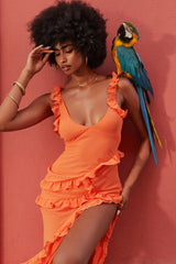 Pixie Flame Orange Ruffle Maxi Dress