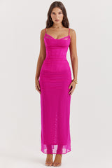 Nalini Fuchsia Stretch Mesh Maxi Dress
