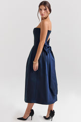 Bellina Midnight Blue Strapless Detachable Bow Midi Dress