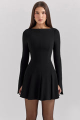 Francesca Black Stretch Crepe Godet Mini Dress