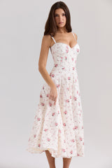 Steffani White Stretch Cotton Rose Print Midi Sundress