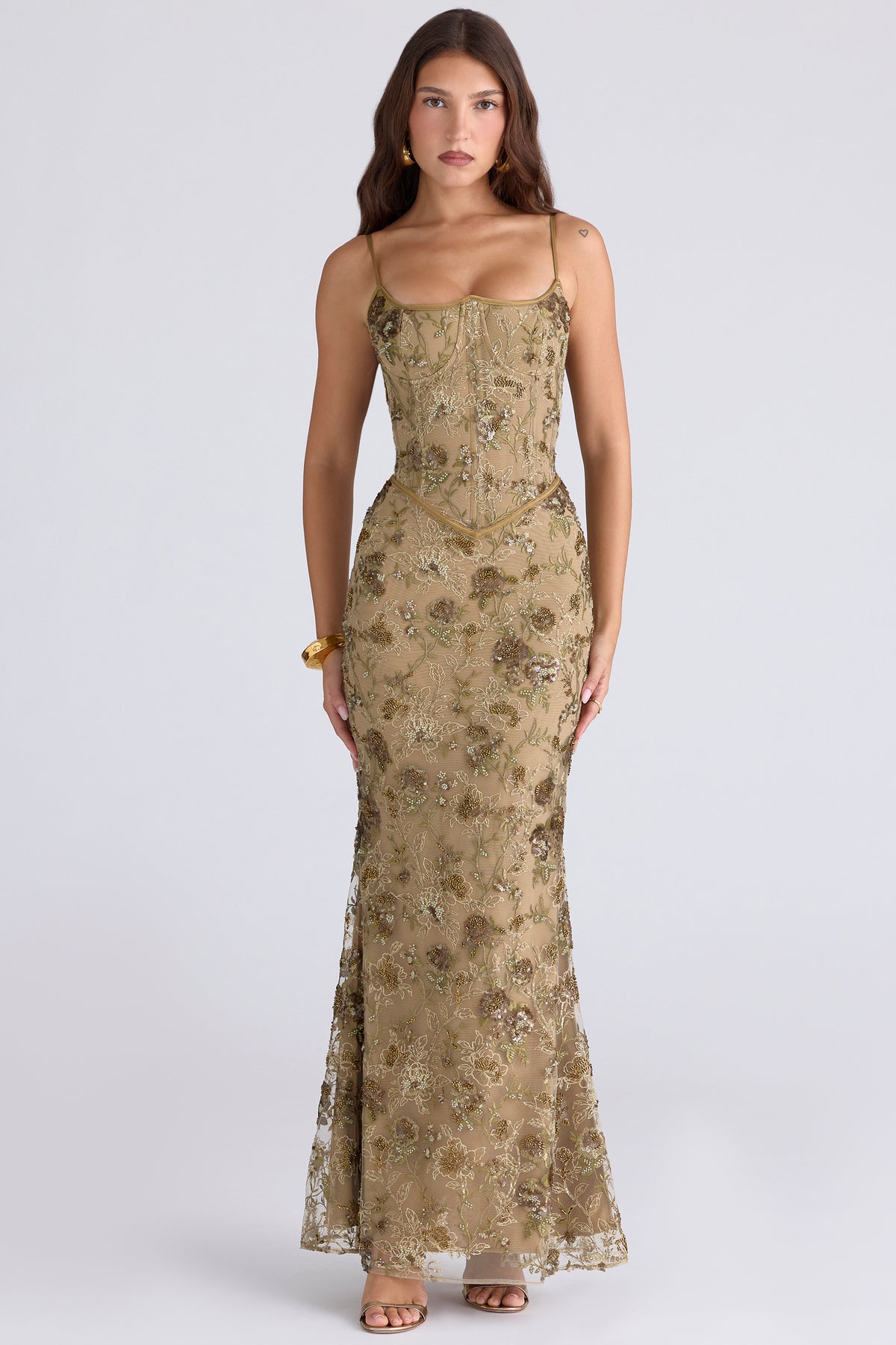 Naima Olive Bronze Hand Beaded Embellished Corset Maxi Dress - Limited Edition