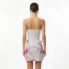 Mini Dress with Pink Floral Appliqués - White/Pink