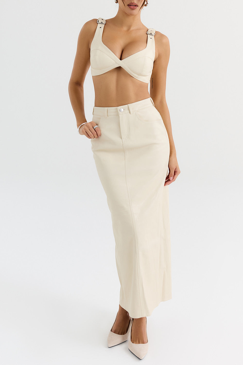 Mistress Rocks Cream Vegan Leather Midi Skirt - SALE