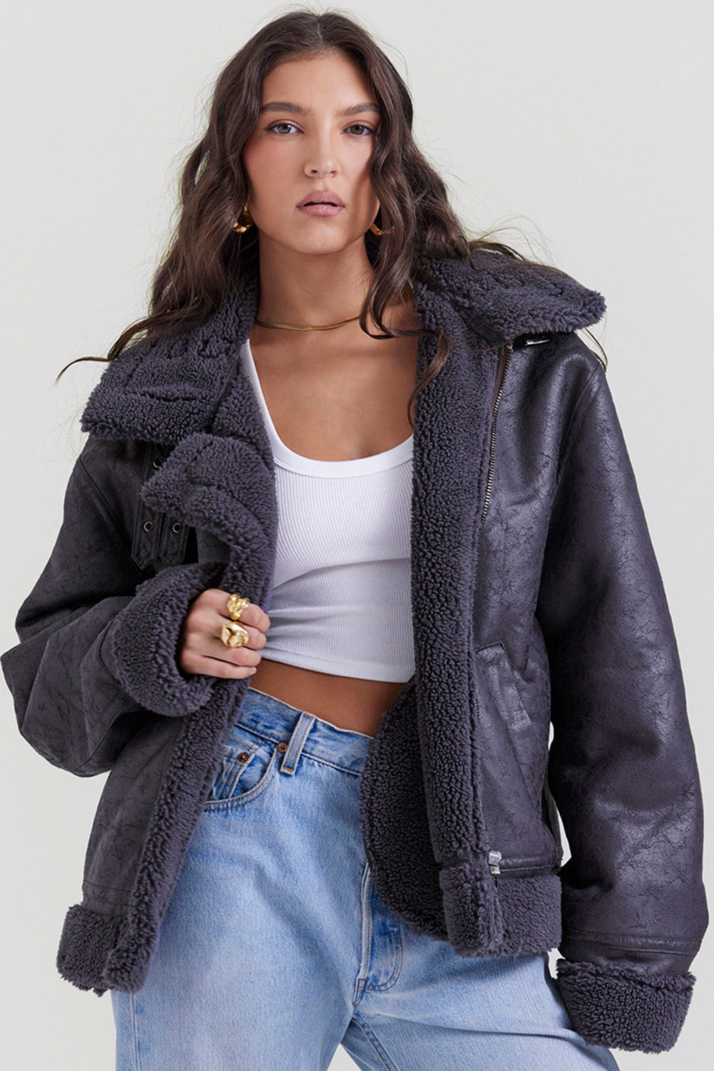 Madden Grey Vegan Shearling Aviator Jacket