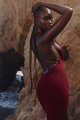 Thalina Wine Draped Halter Neck Maxi Dress