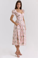 Lulabell Pink Ribbon Print Cotton Midi Dress