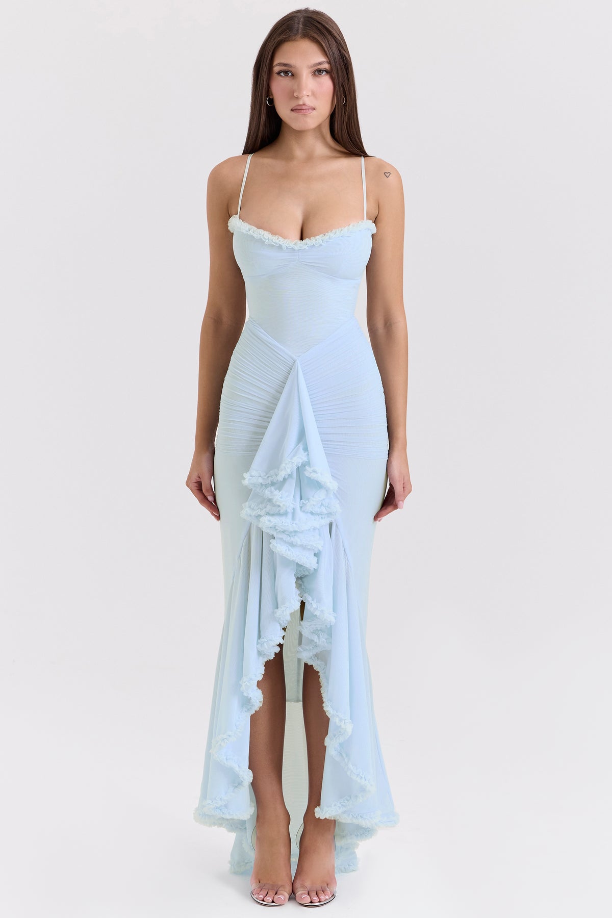 Gabbi Ice Blue Mesh Ruffled Front Gown