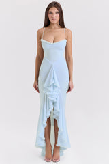 Gabbi Ice Blue Mesh Ruffled Front Gown
