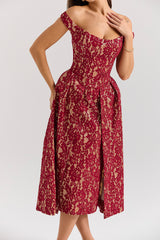 Charming Gold and Berry Lace Midi Off Shoulder Dress