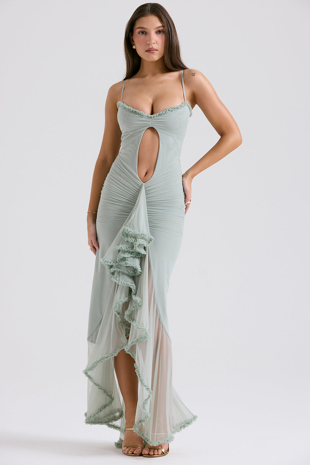Gabriella Pistachio Ruffled Front Gown