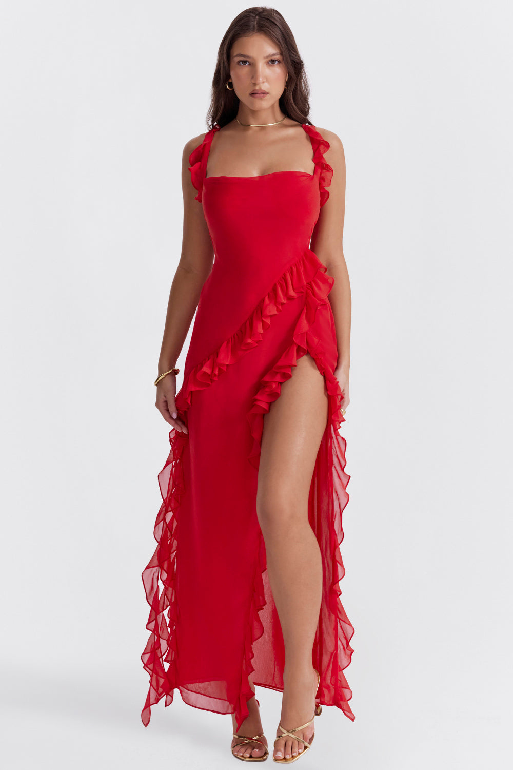 Ariela Cherry Ruffle Maxi Dress