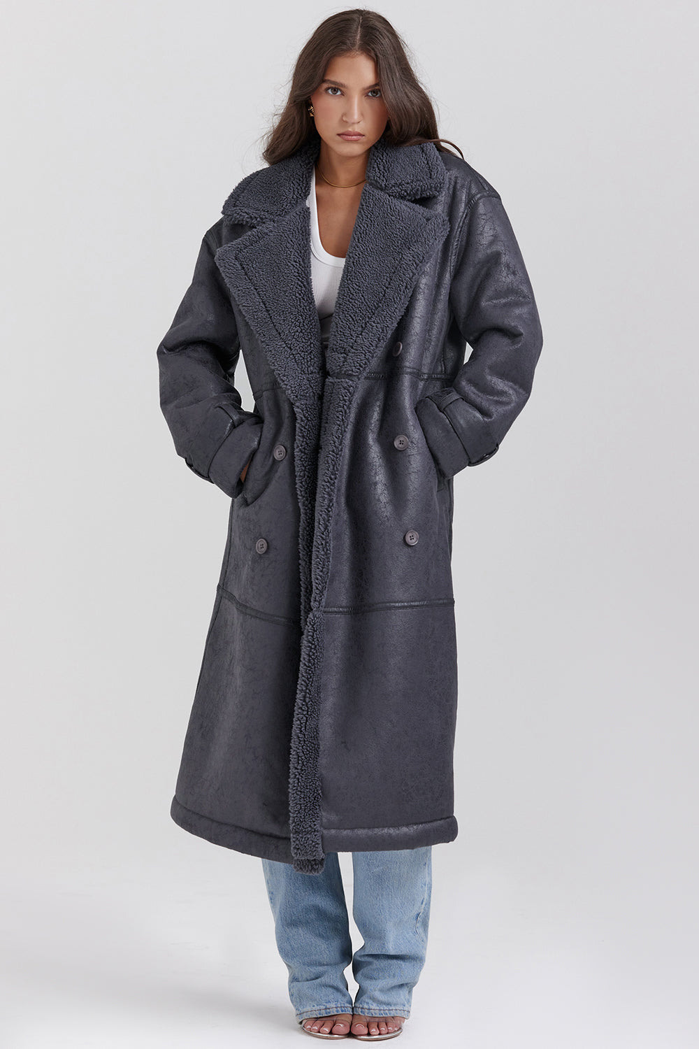 Deiji Grey Vegan Shearling Coat