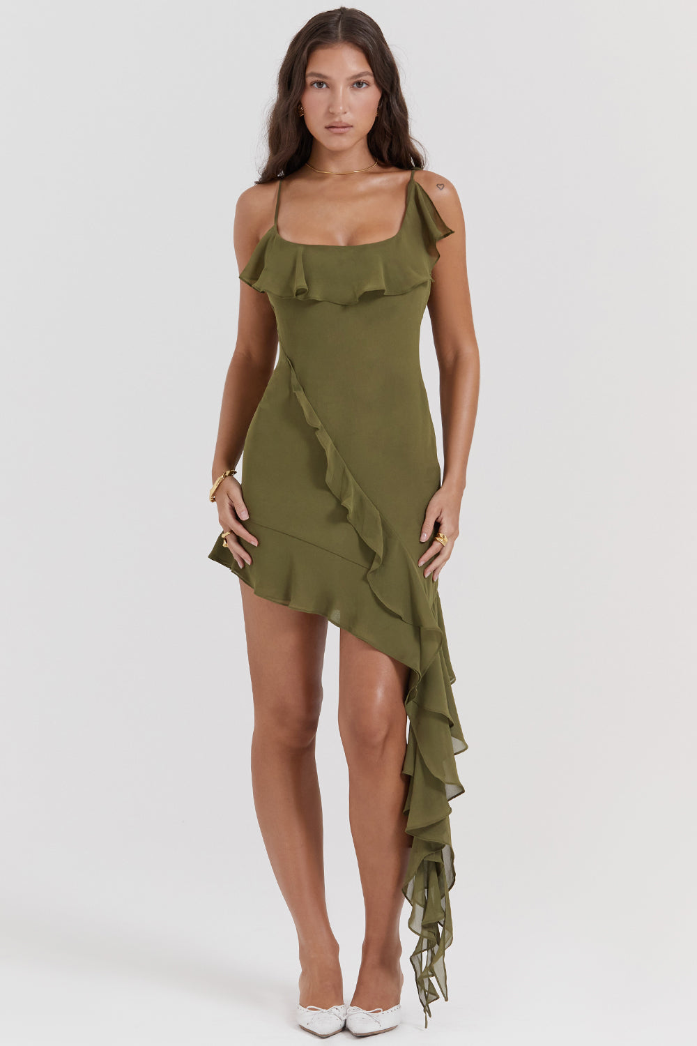 Marcia Olive Ruffle Mini Dress