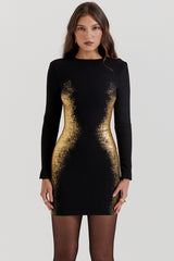 Domenica Black & Gold Foil Print Mini Dress