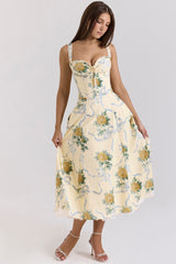 Rosalee Lemon Vintage Ribbon Print Cotton Midi Dress