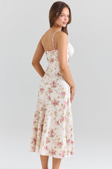 Felicity Ivory Floral Print Satin Bias Cut Midi Dress