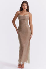 Alondra Cafe Au Lait Beaded Maxi Dress - Limited Edition