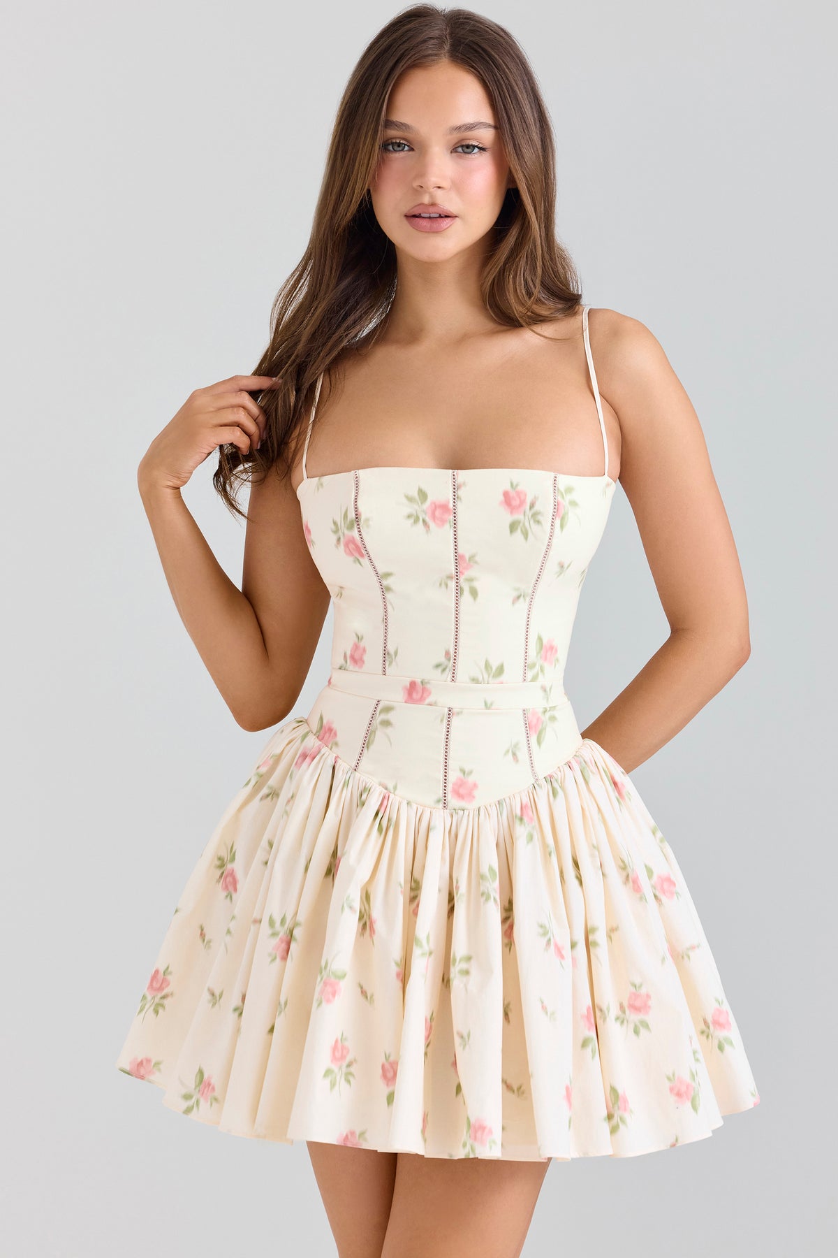 Ysabella Cream Rose Print Stretch Cotton Mini Sundress