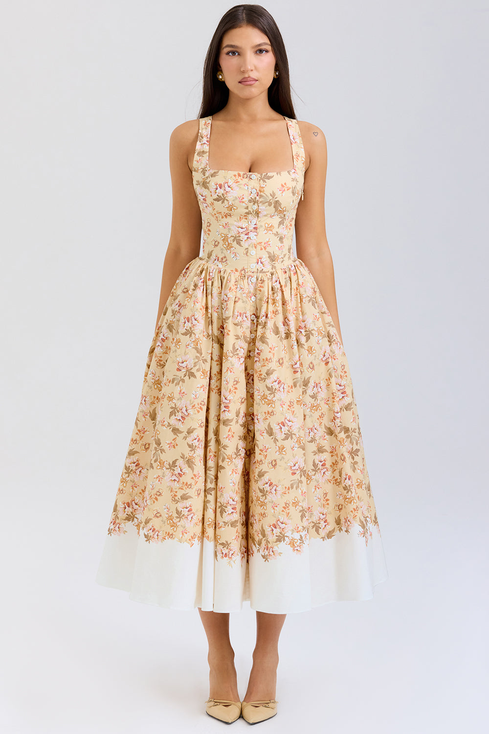 Alba Honeyflower Print Gathered Cotton Midi Dress