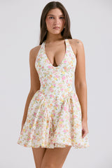 Valentia Ivory Meadow Print Cotton Halter Mini Dress