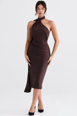 Angelina Chocolate Wrap Neck Midi Dress