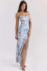 Lini Blue Floral Print Mesh Maxi Dress