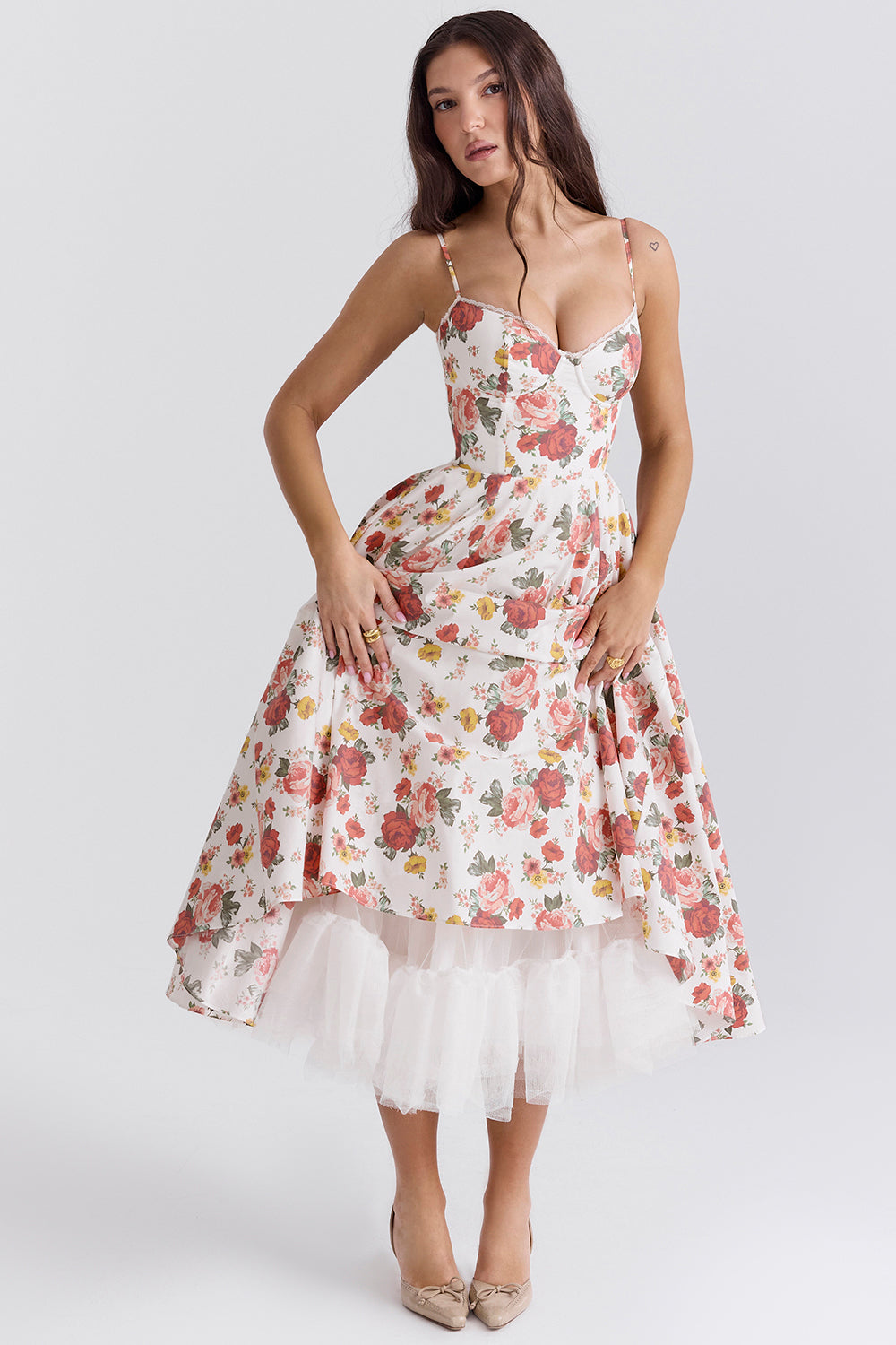 Mademoiselle Italian Rose Print Tulle Midi Dress