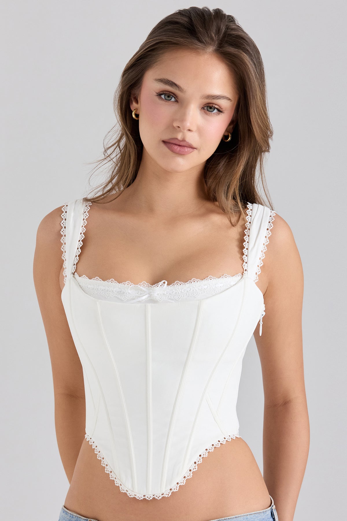 Adina White Stretch Cotton Scallop Trim Corset Top
