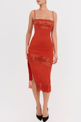 Mistress Rocks Rose Red Satin & Lace Midi Dress - SALE