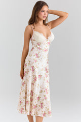 Felicity Ivory Floral Print Satin Bias Cut Midi Dress