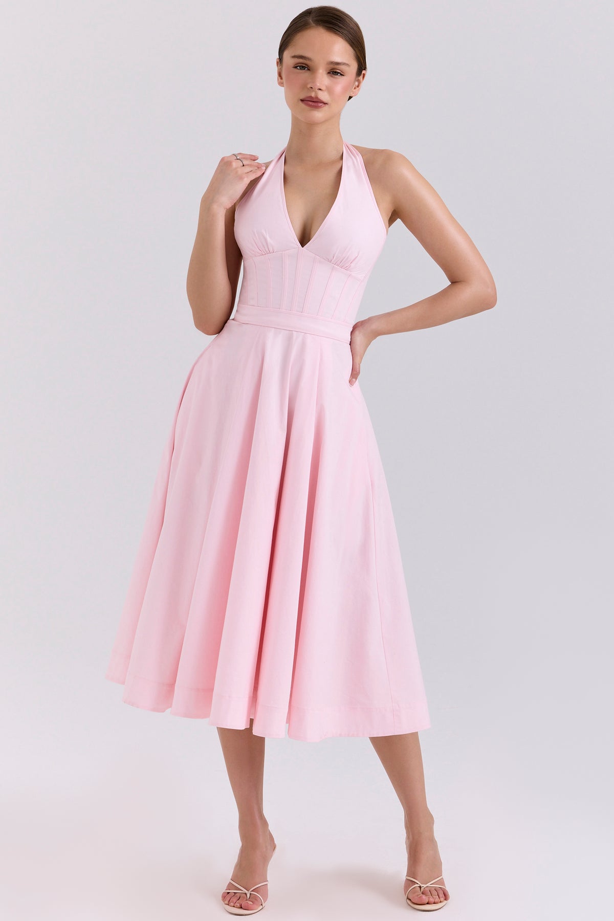 Allena Pink Stretch Cotton Halter Midi Sundress