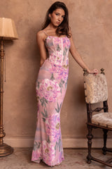 Antonina Pink Floral Corset Maxi Dress
