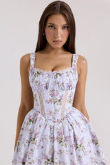 Kimmie Lilac Ribbon Print Cotton Mini Dress