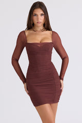 Anouk Mocha Mesh Long Sleeve Mini Dress