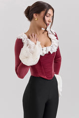 Jacinda Cabernet Velvet Lace Trimmed Corset Top - SALE