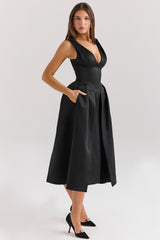 Paloma Black Satin Twist Strap Midi Dress - SALE