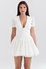 Imani White Pleated Broderie Anglais Mini Dress