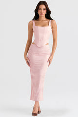 Luisette Pink Metallic Floral Satin Midi Skirt