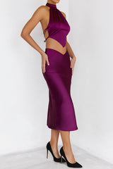 Mistress Rocks Plum Satin V-Shaped Midi Skirt - SALE