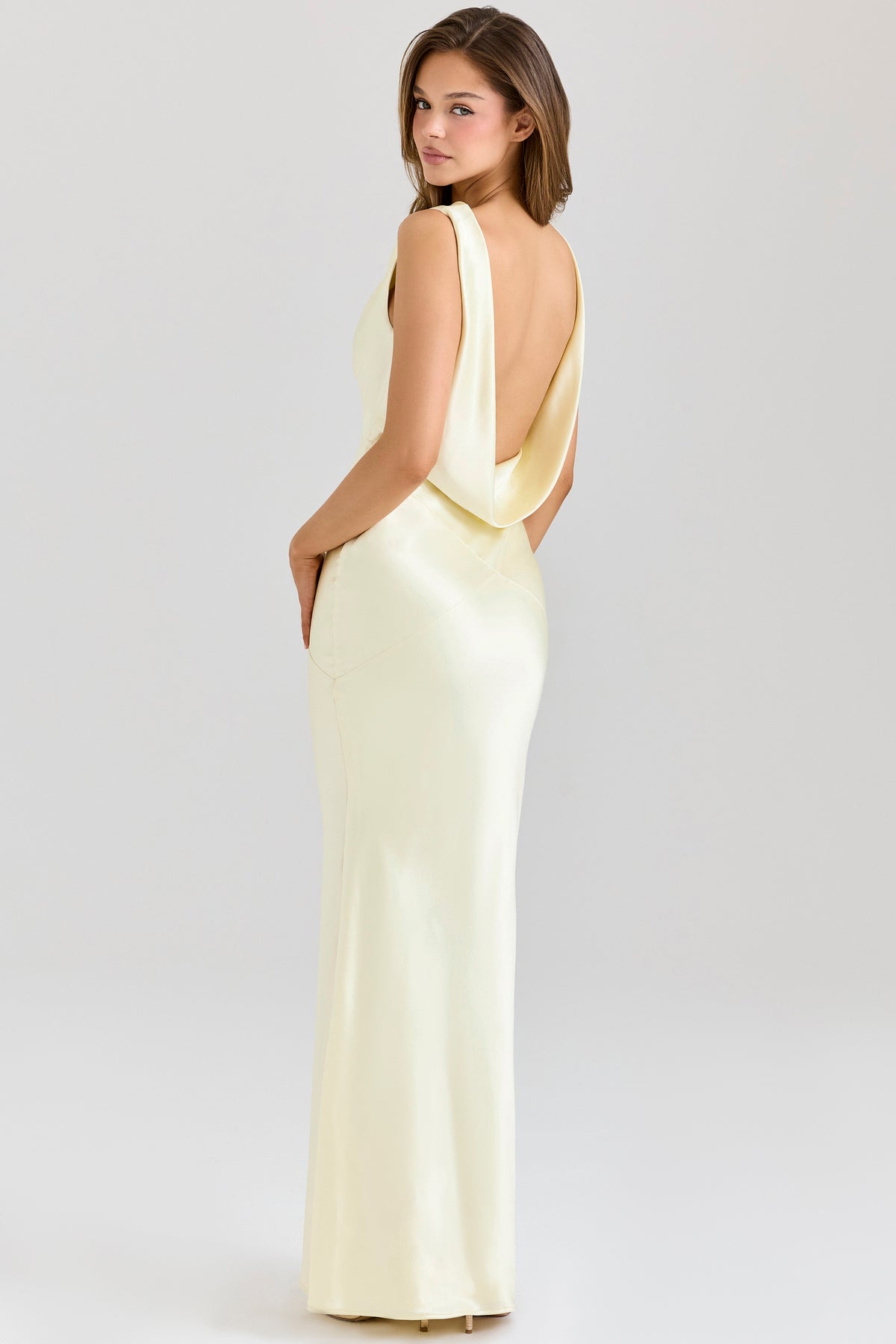 Safaira Buttermilk Satin Draped Cowl Neck Maxi Dress