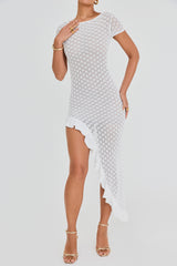 Mistress Rocks White Knit Open Back Ruffle Midi Dress - SALE
