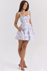 Kimmie Lilac Ribbon Print Cotton Mini Dress