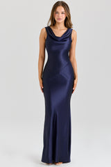 Safaira Navy Satin Draped Cowl Neck Maxi Dress