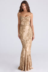 Nalani Gold Patterned Satin Maxi Dress - Limited Edition