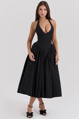 Marilyn Black Twill Halter Midi Dress