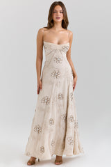 Seren Vanilla Embroidered Hand Beaded Floral Maxi Dress